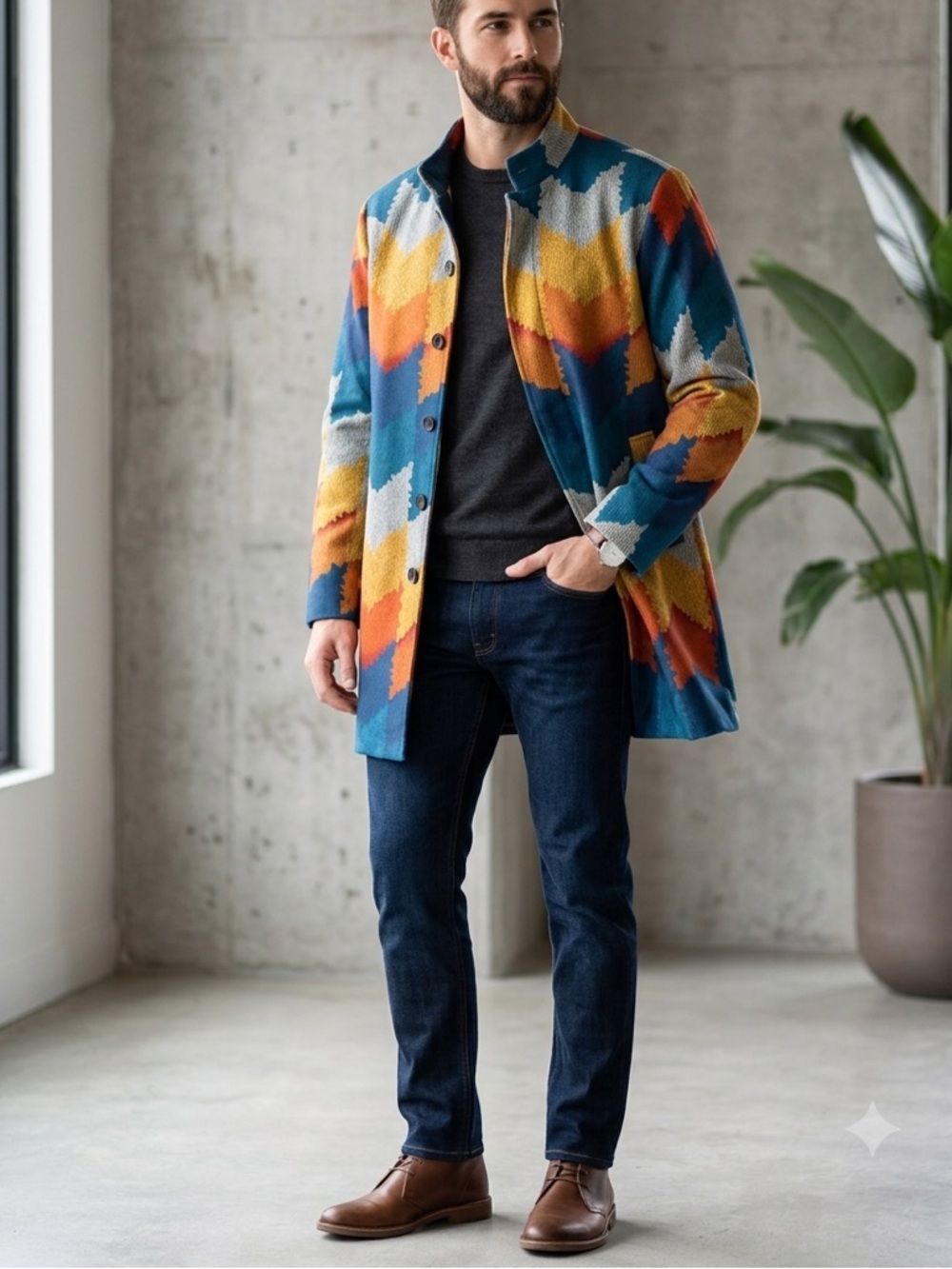 NWT Fashion Classic Fashion Collection Men's Multicolor Patterned Long Coat